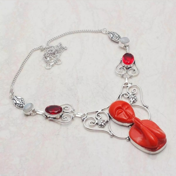 New Carved Praying Goddess Garnet & Rainbow Moonstone 925 Silver Necklace. - Picture 1 of 1